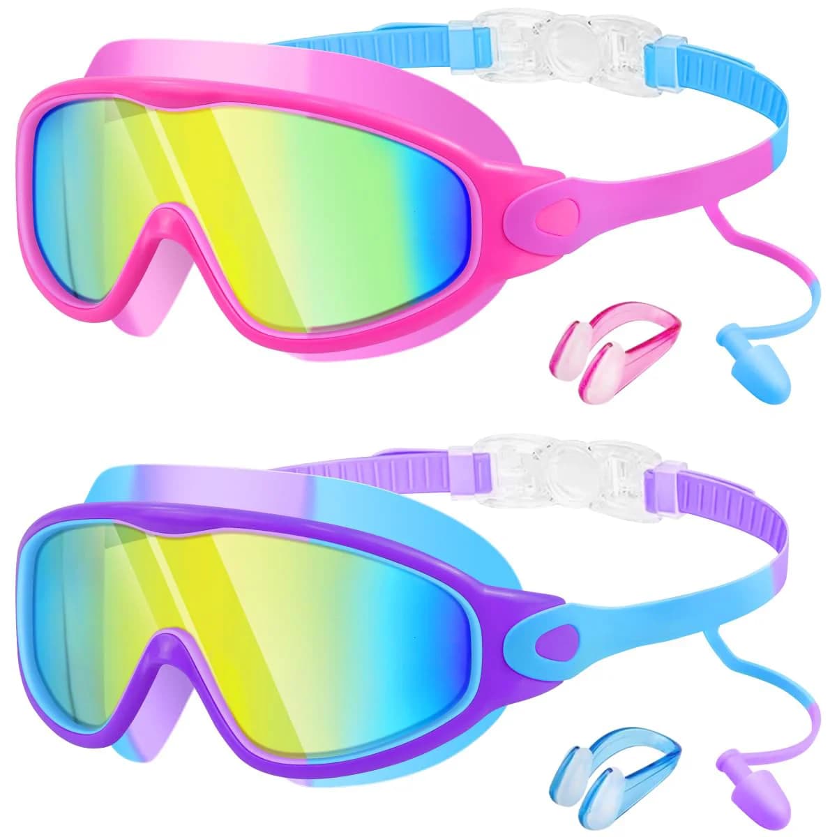 2 Pack Kid Swim Goggles Anti-Fog Anti-UV Wide View, Includes Earplugs and Nose Clip, Swimming Goggles for Kids 3-14
