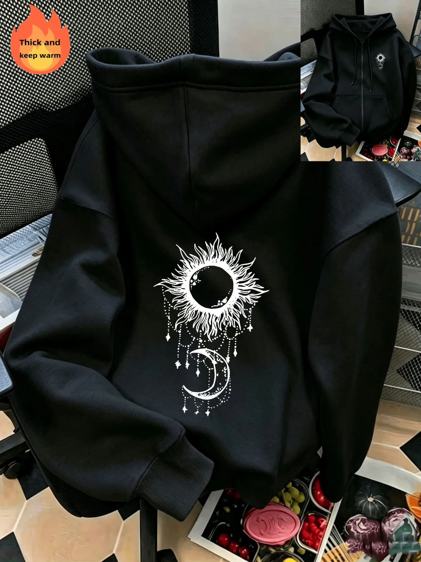 Sun And Moon Dreamcatcher Graphic Print Zip‑Up Hoodie, Casual Long‑Sleeve Zip Hoodie, Knitted Polyester for Fall & Winter.