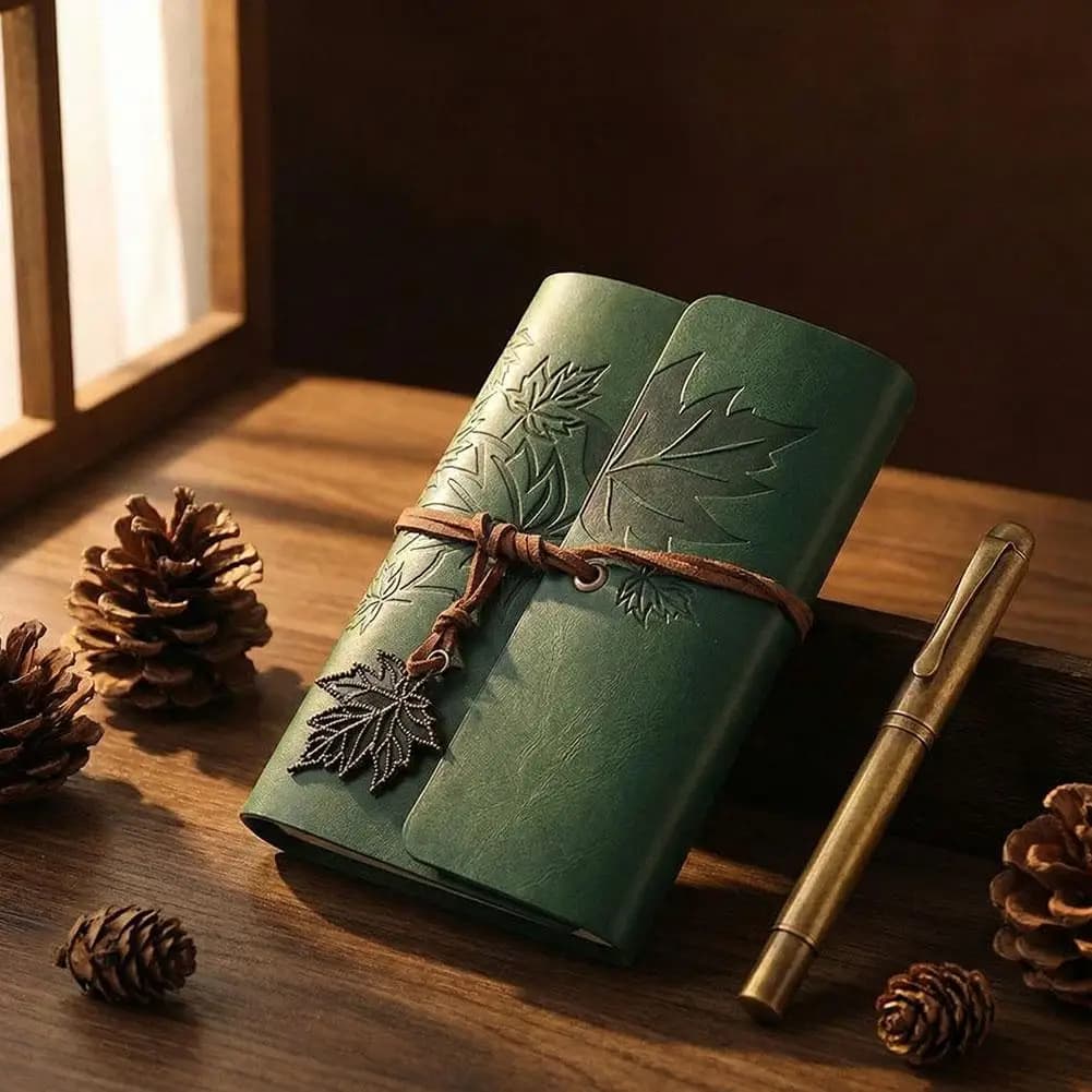 Vintage Leather A5 Journal Refillable Loose-leaf Notebook Embossed Maple Leaf Diary With String Tie Creative Travel Stationery