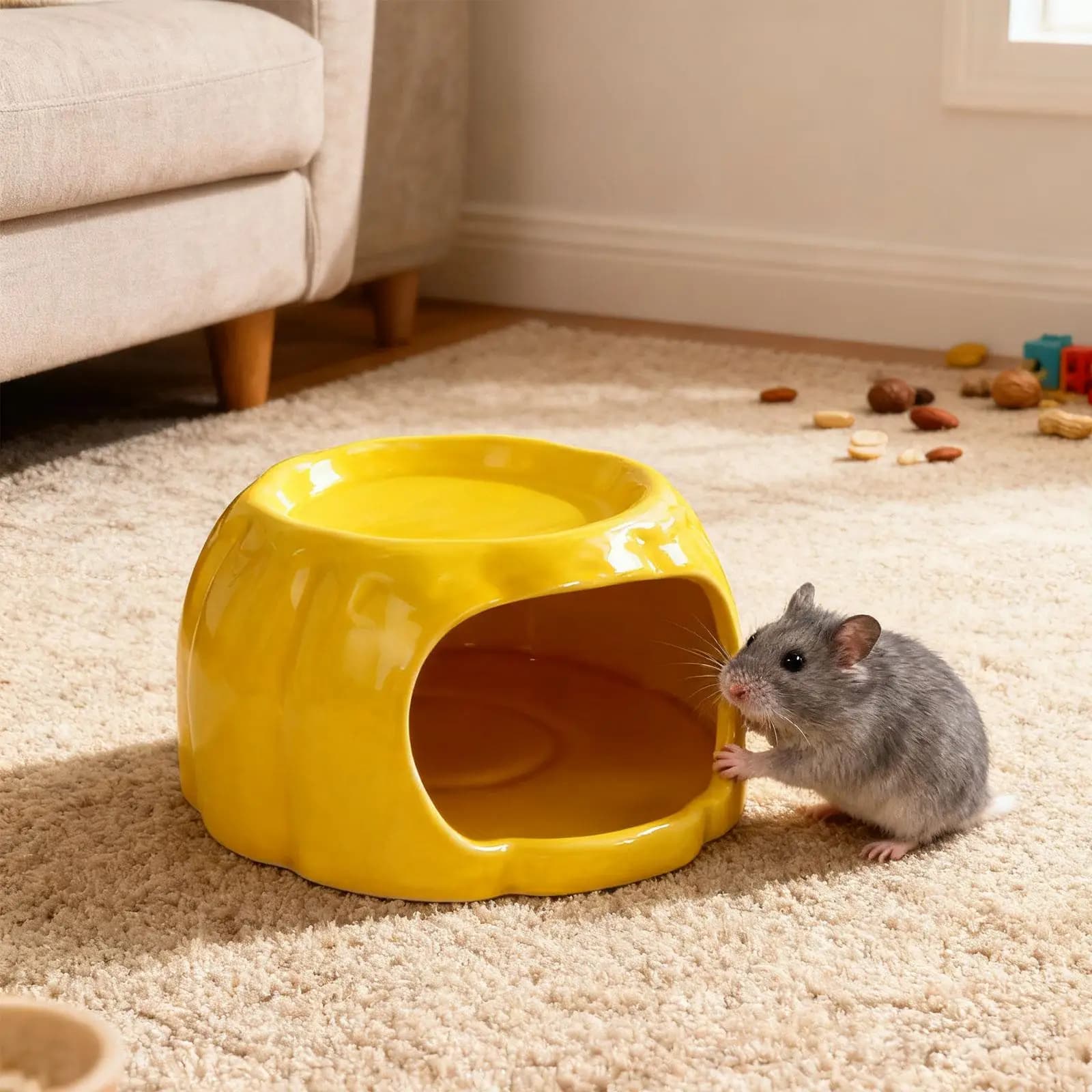 Pudding Shaped Ceramic Hamster House Hideout Cute Small Pet Cave Habitat with Food Bowl for Dwarf Hamsters Gerbils Play Sleep