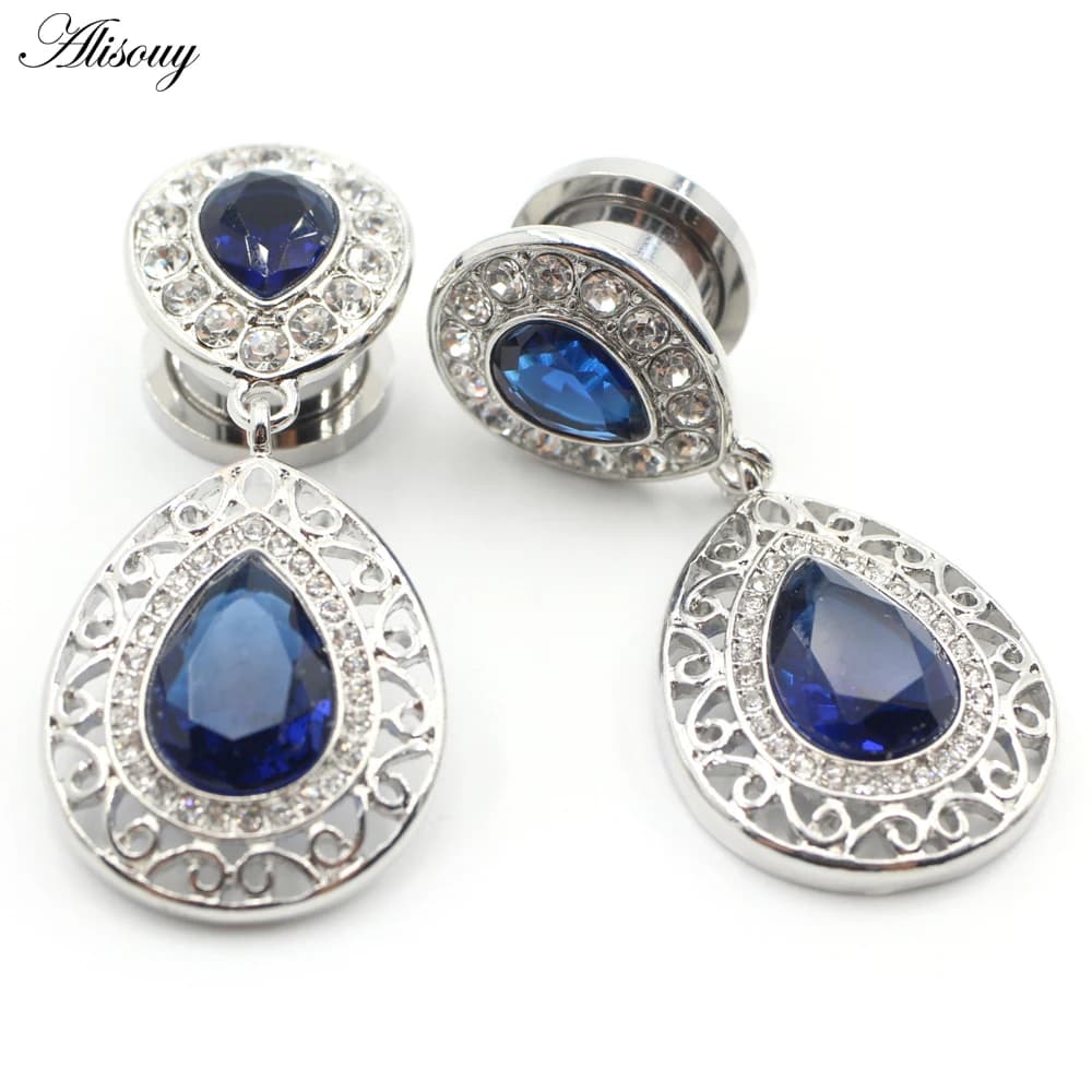 Alisouy 2 Pezzi Tunnel per Orecchio in Acciaio Inossidabile con Zircone Cubico Blu a Goccia, Dilatatore Espansore per Piercing, Gioielli per il Corpo