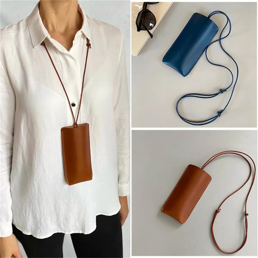 Fashion Pu Leather Lanyard Glasses Bag Solid Color Hanging Neck Sunglasses Storage Bags Women Men Travel Eyewear Case