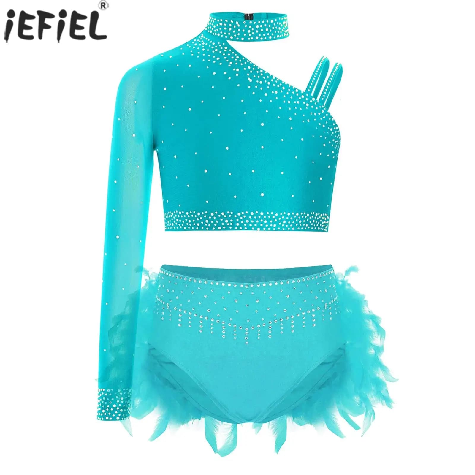Bambini Ragazze Balletto Danza Ginnastica Performance Costume Strass Crop Top con Slip di Piume Pattinaggio di Figura Latino Dancewear