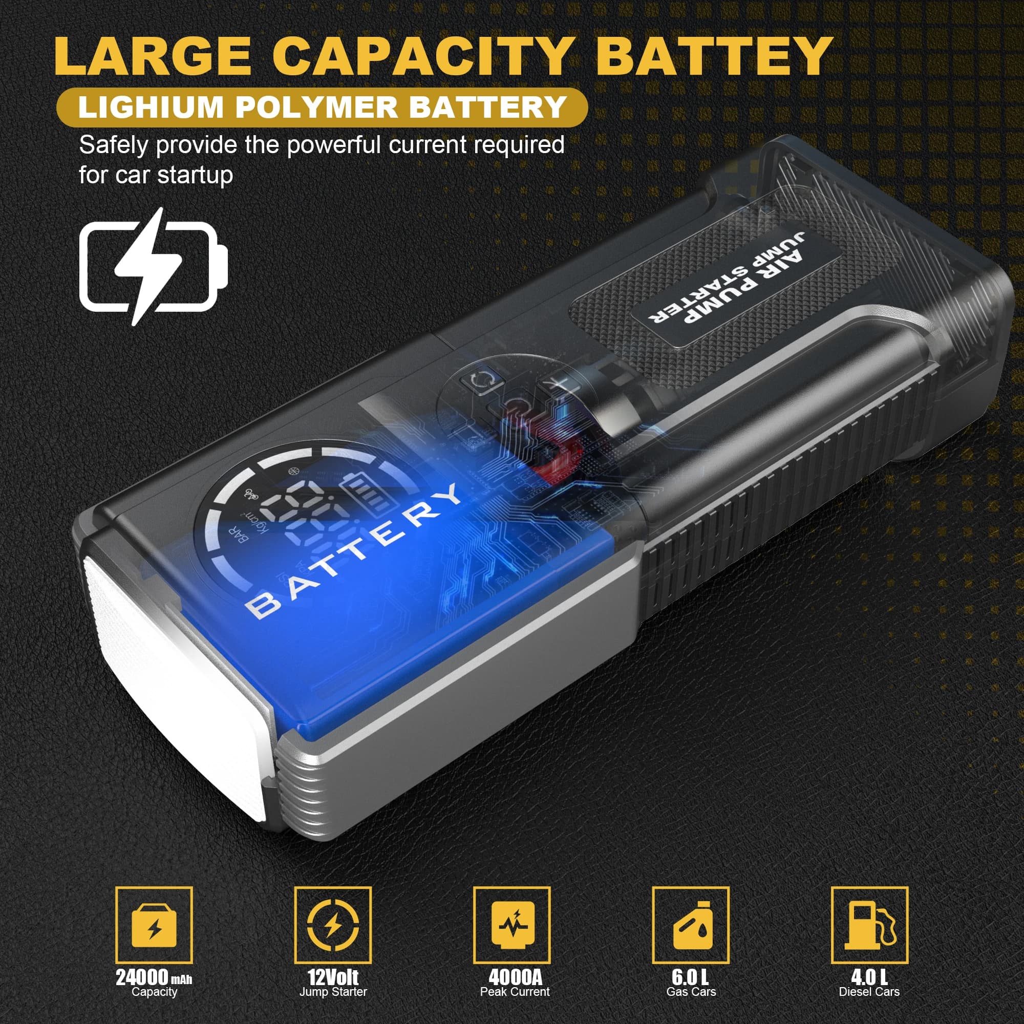 Avviatore di emergenza per auto 24000mAh Avviamento batteria per auto Accumulatori e caricabatterie di emergenza Batteria per auto Avviatore di emergenza Torcia LED portatile