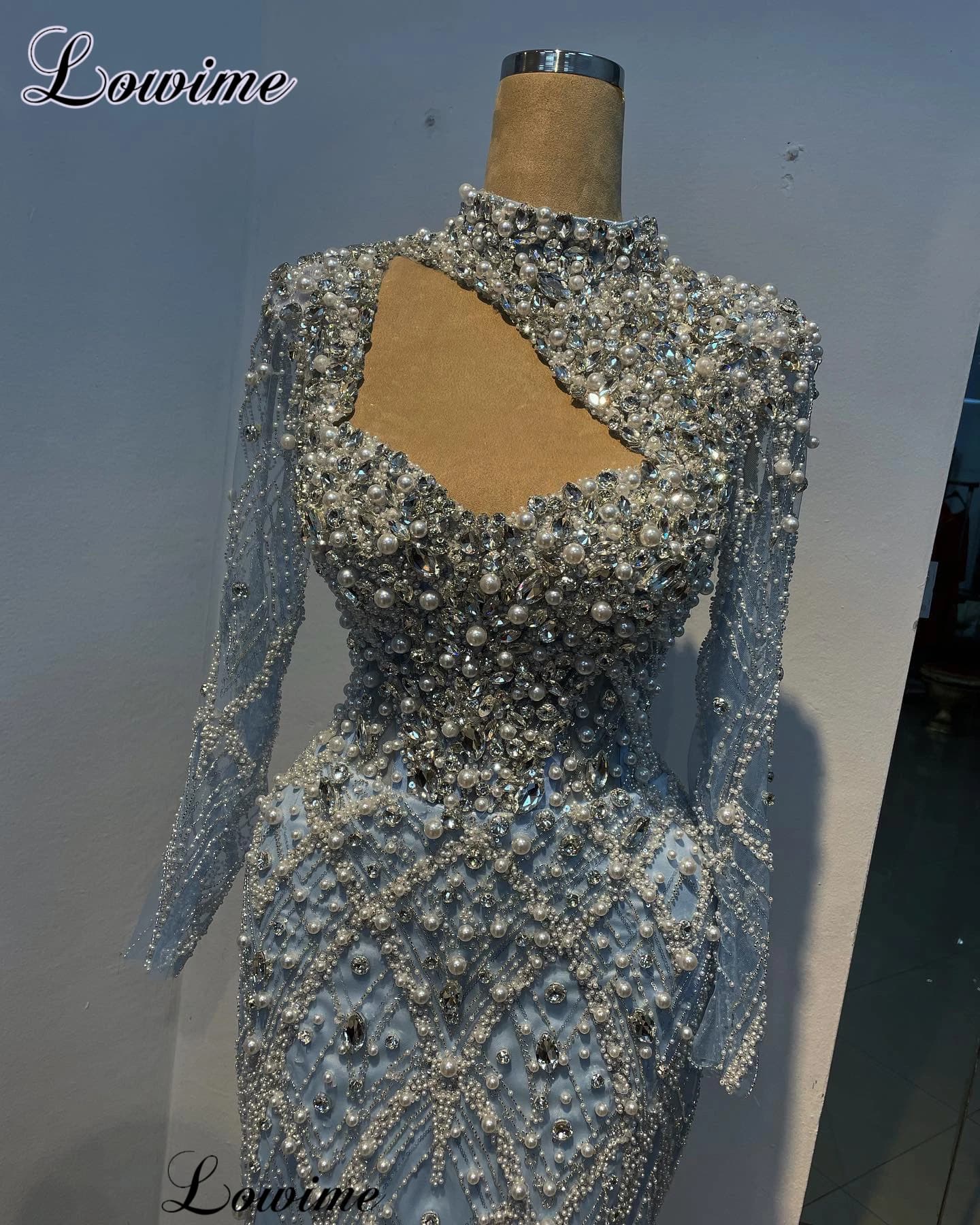 Simple Sky Blue Cocktail Dresses With Pearls High Neck Evening Party Dresses With Long Sleeves Vestidos De Gala Prom Dresses
