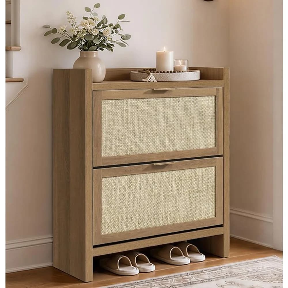 Mobiletto Portascarpe in Rattan con 2 Cassetti Ribaltabili - Organizzatore per Scarpe Indipendente Profondo 29,5 cm con 6 Ripiani per 20 Paia di Scarpe, Grande Scarpiera Boho per Ingresso, Corridoio, Foyer, in Rovere