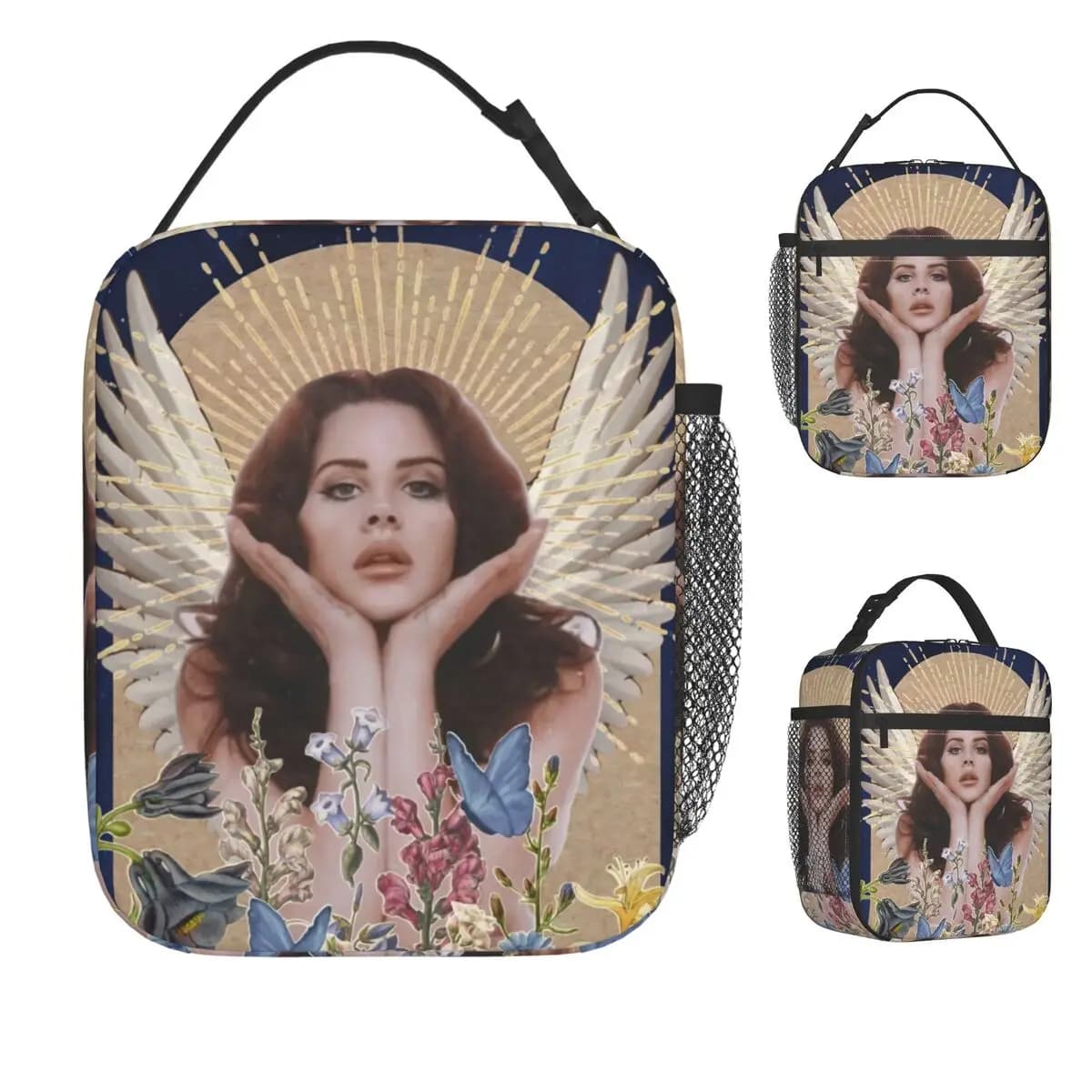 Borsa per il pranzo americana Lana Del Rey Scatola per il pranzo portatile con cerniera Borsa termica per picnic all'aperto Stampa Borse per alimenti Oxford Tote alla moda