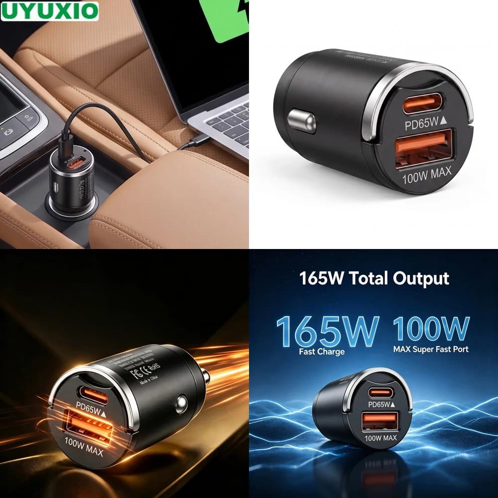 165W Flush Fit Car Charger PD 65W USB C and 100W USB A Charging Low Profile Zinc Alloy Design for Multiple Mobile Devices