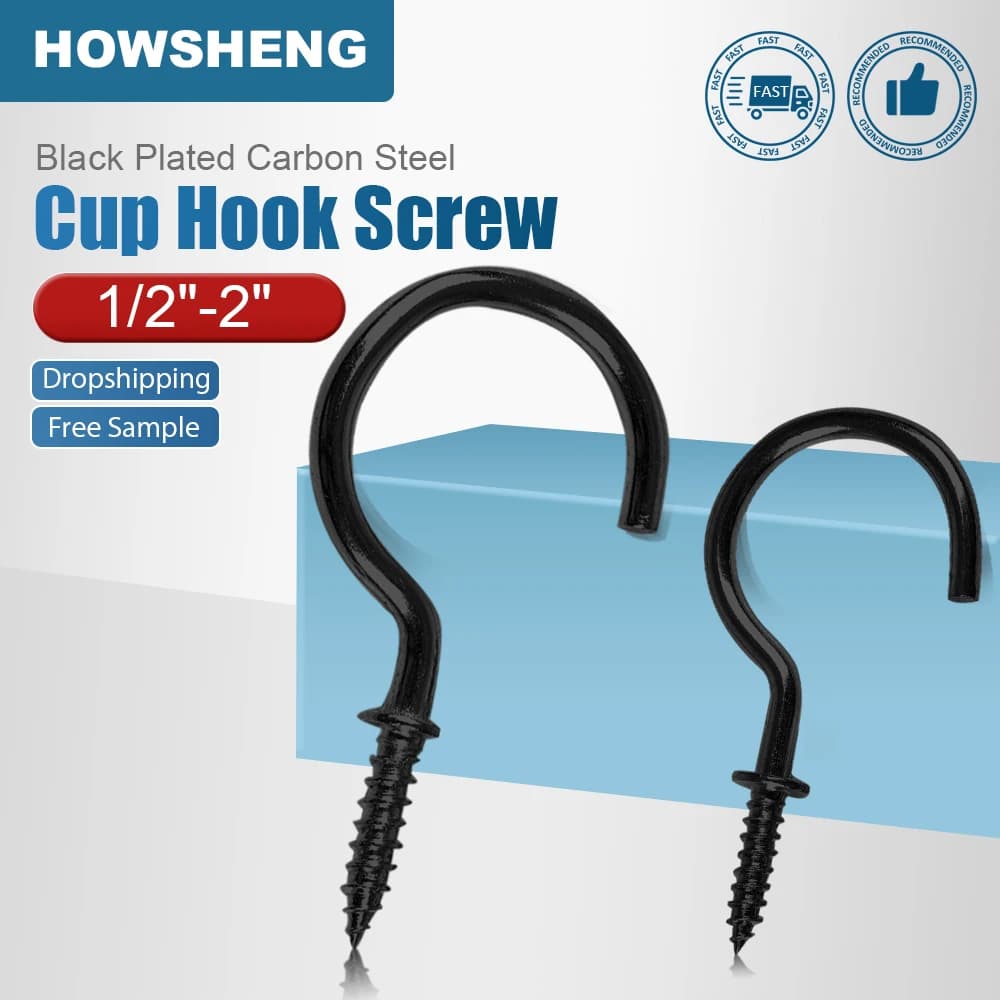 HOWSHENG 2-50pcs Cup Hook Screw 1/2"~2" Black Plated Carbon Steel Ceiling Hooks Screw-in for Hanging Picture Photo Frame