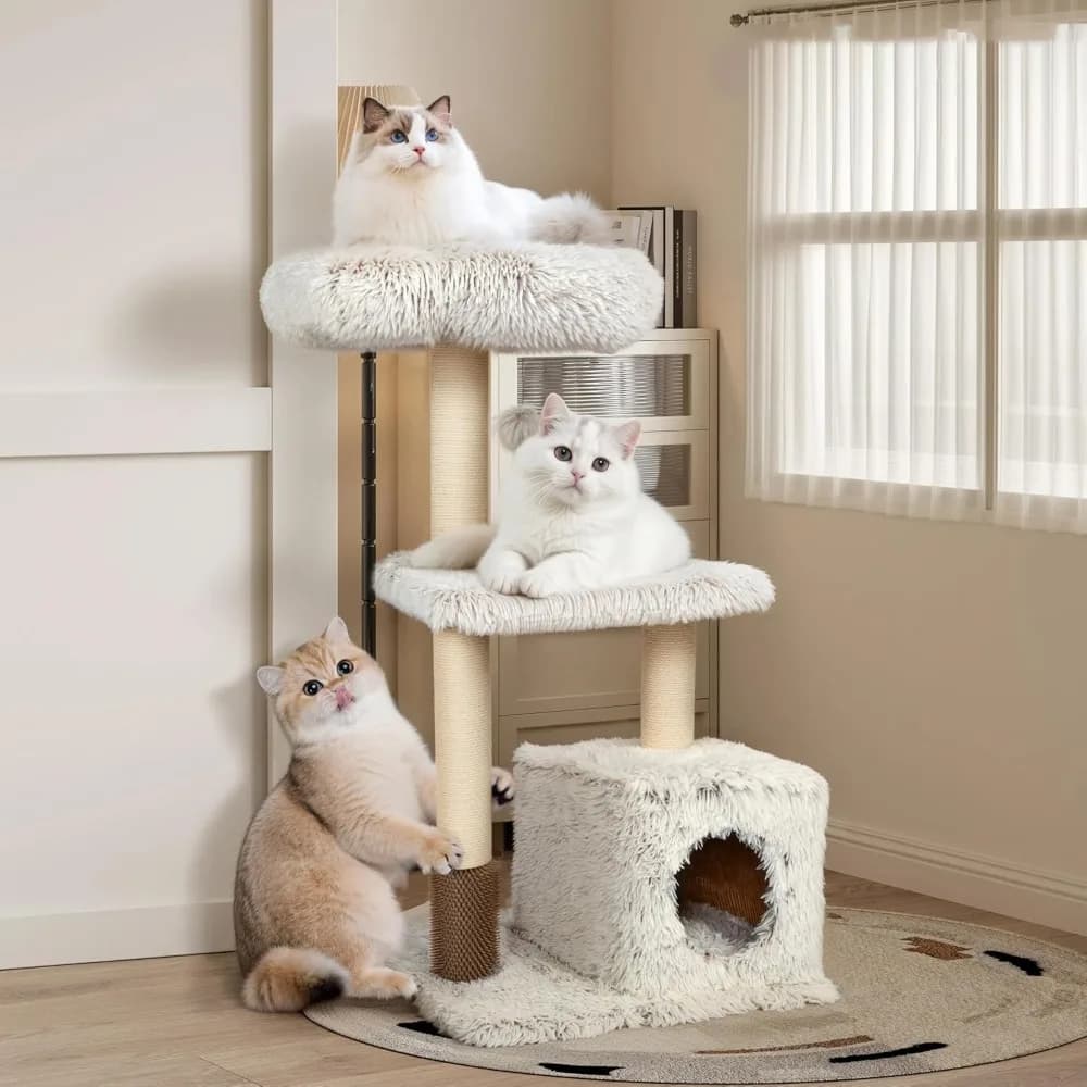 Albero per gatti alto 41 pollici - Torre per gatti in legno con casetta, amaca e posatoio superiore, moderno albero per gatti alto con pali in sisal naturale