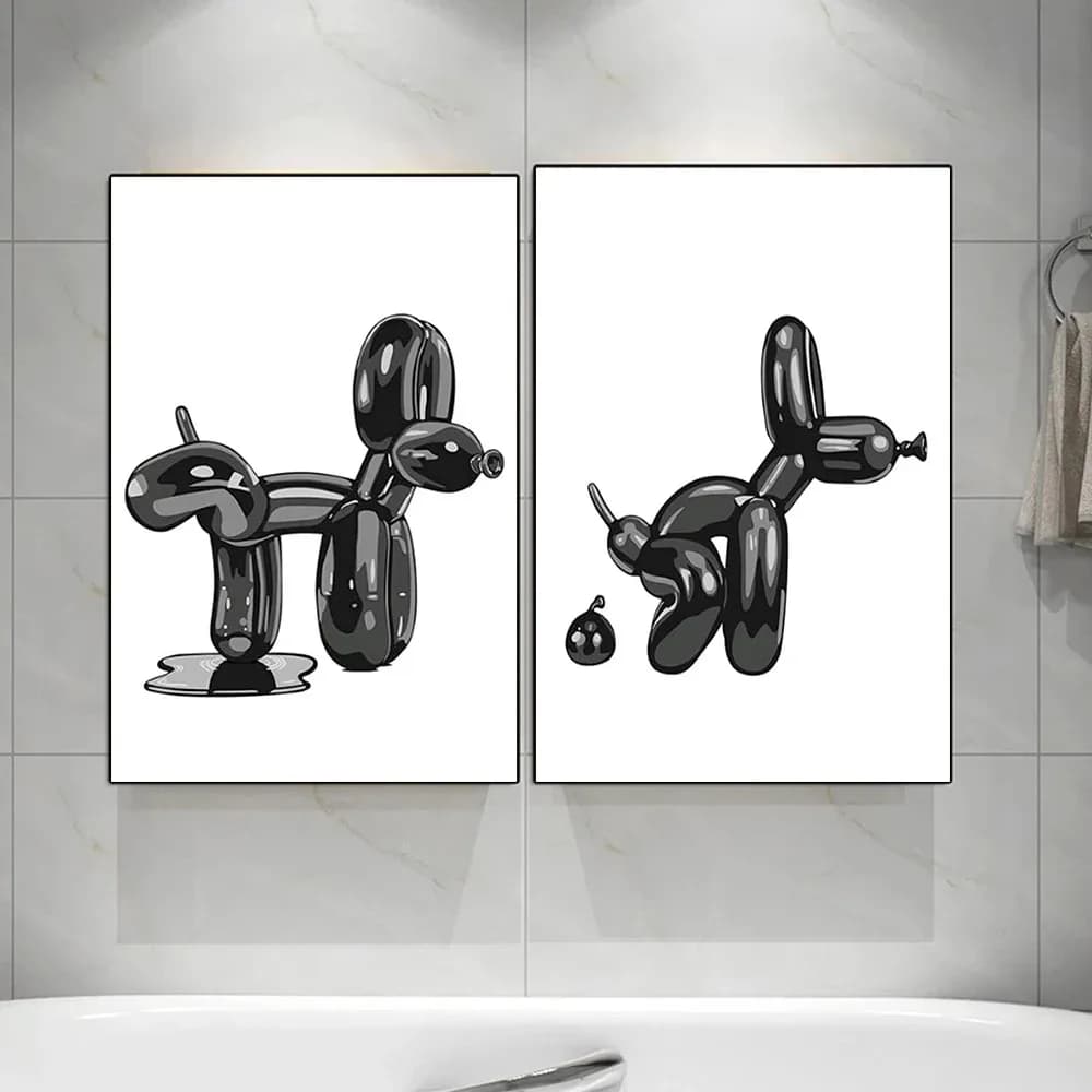 Minimalismo Palloncino Cane Poster Divertenti Insegne per il bagno Stampa Umorismo Moderno Toliet Wall Art Palloncino nero Cane Tela Pittura Decor
