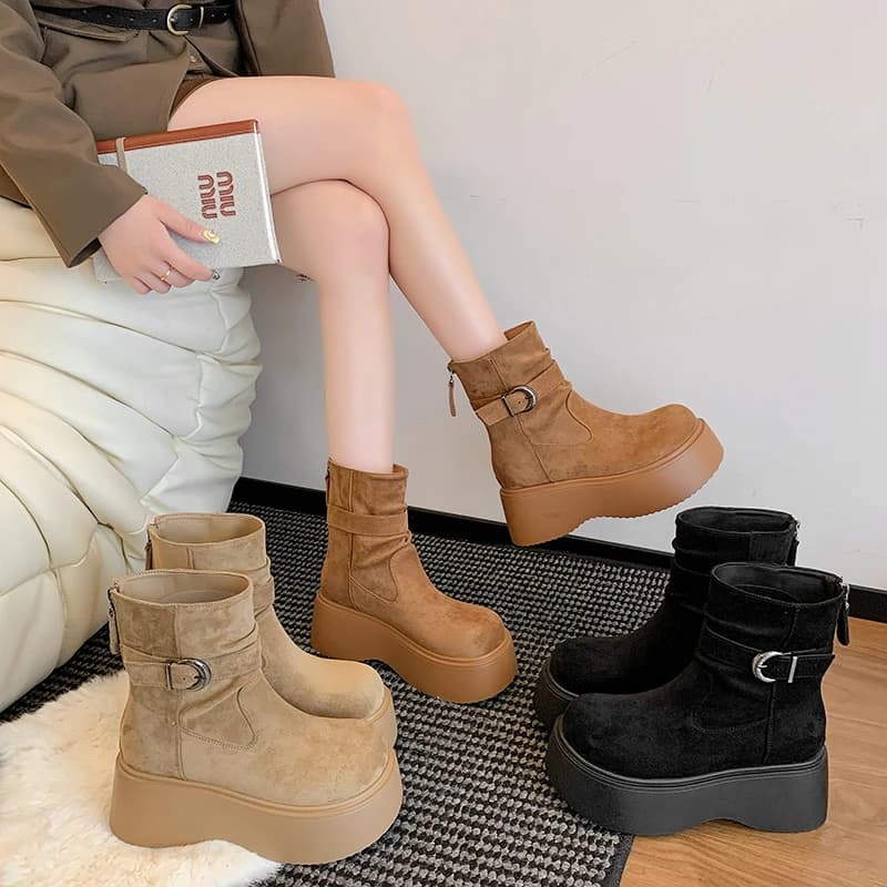 2025 Nuovo Retro Fondo Spesso Innalzamento Stivali Scarpe da Donna Autunno Nuovo Versatile Pelle Scamosciata Tacchi Alti Chelsea Stivali Scarpe da Donna