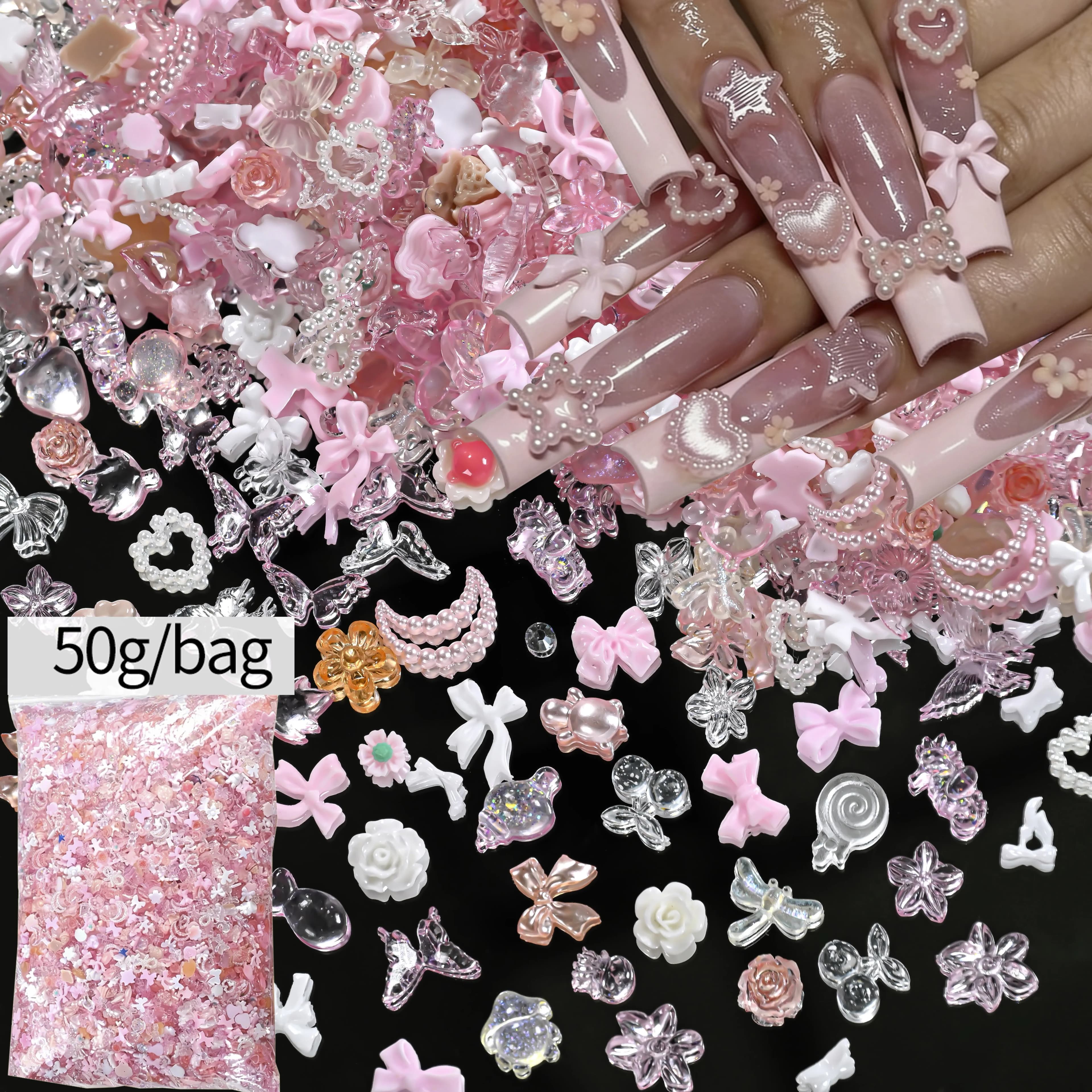 50g/Sacchetto Decorazioni per Unghie 3D Miste Rosa e Bianche, Dolci Perle a Forma di Cuore, Stella e Fiori in Resina per Manicure Fai-da-Te