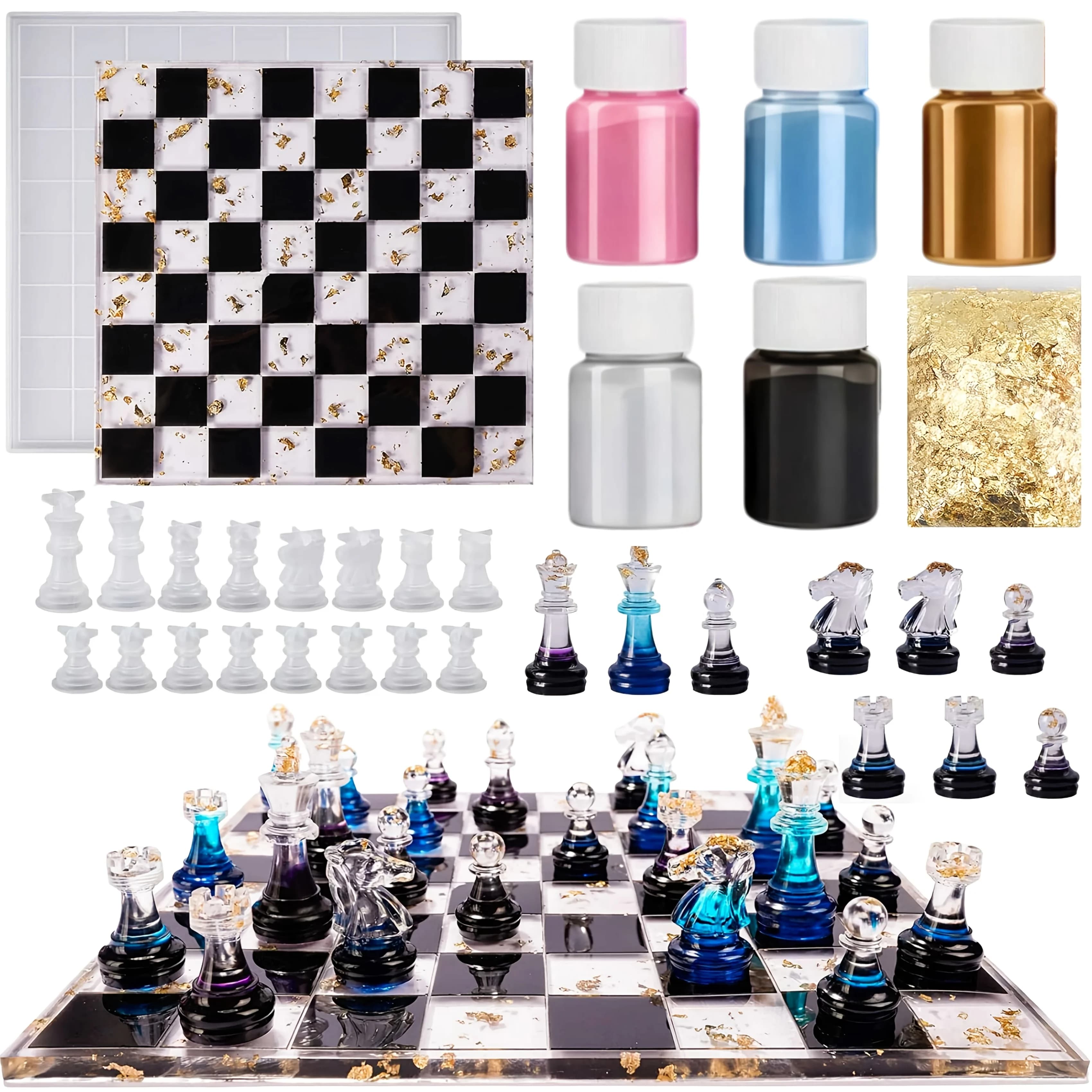 Set di scacchi da 23 pezzi (stampo in silicone per scacchi + vernice a 5 colori + riempitivo in lamina d'oro) - Kit fai da te per realizzare tavole da gioco, include parti 3D a grandezza naturale e stampi per colata in resina, regali creativi, esposizione di mobili, set per principianti fai da te, facile da usare