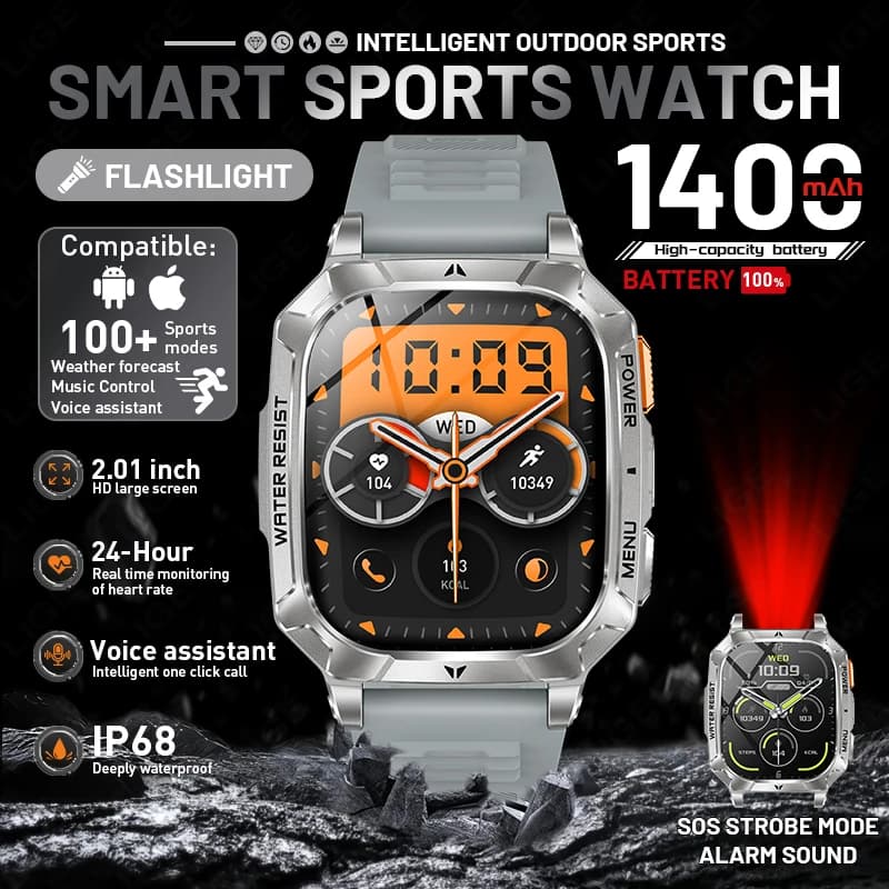 Nuovo Smartwatch Militare 2026 con Batteria da 1400 mAh, Schermo AMOLED da 2.01", Impermeabile IP68, per Sport e Fitness, con Chiamate BT