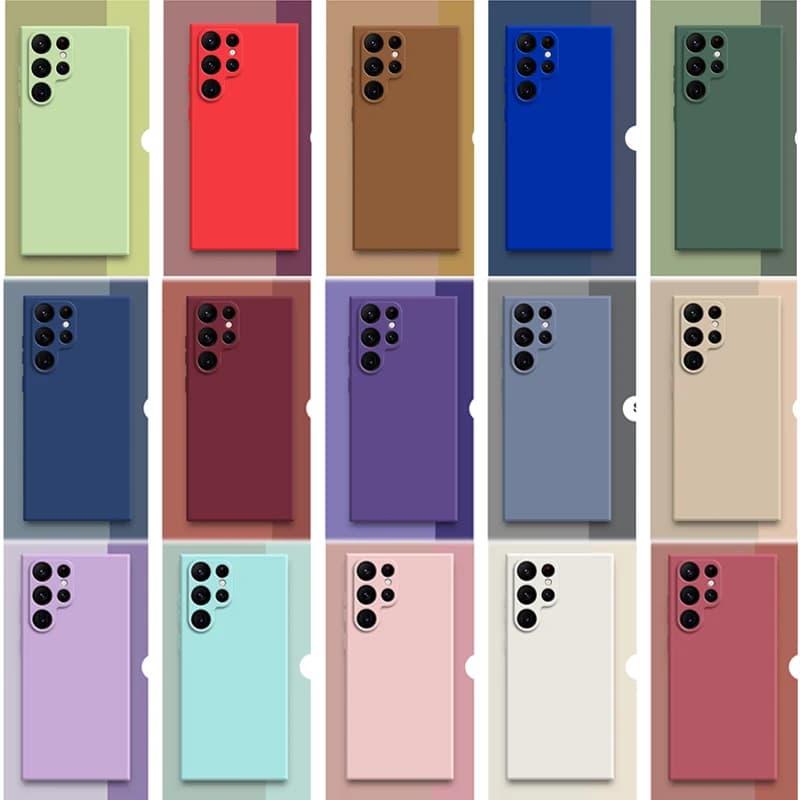 Custodia quadrata in silicone liquido per Samsung Galaxy S24 S23 S22 Ultra S21 S20 FE Plus A52 S25 Protezione fotocamera Custodia morbida per caramelle