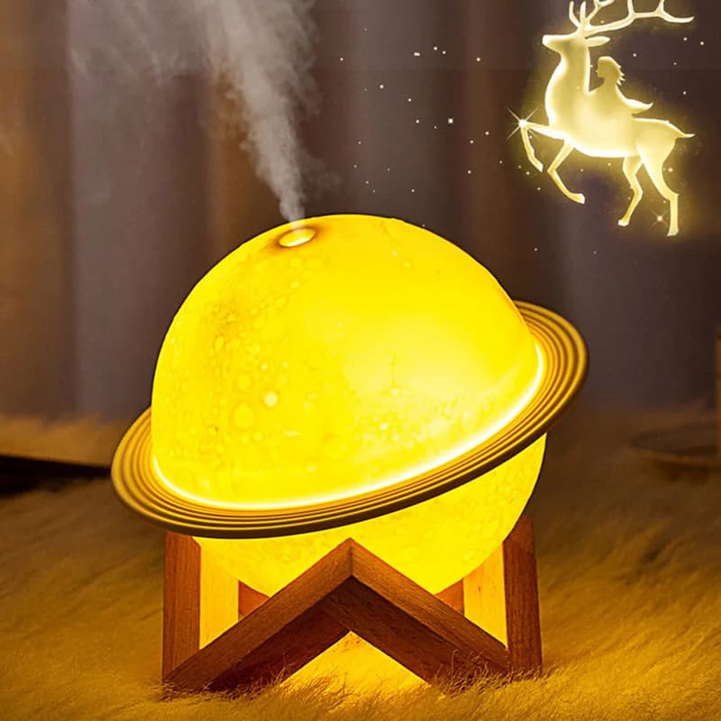 Diffusore di Oli Essenziali USB da 200ml per Casa, Umidificatore con Lampada Jupiter, Luce Notturna, Umidificatore da Scrivania con Base in Legno