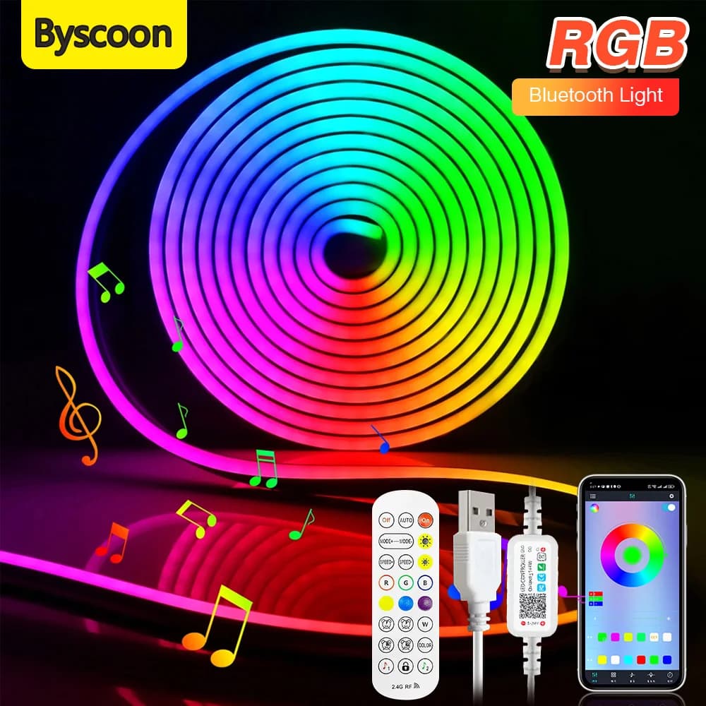 Striscia LED RGB 5V USB, luce al neon impermeabile in silicone, luci a corda neon con sincronizzazione musicale, lampada con telecomando tramite app per decorazioni domestiche e da esterno.