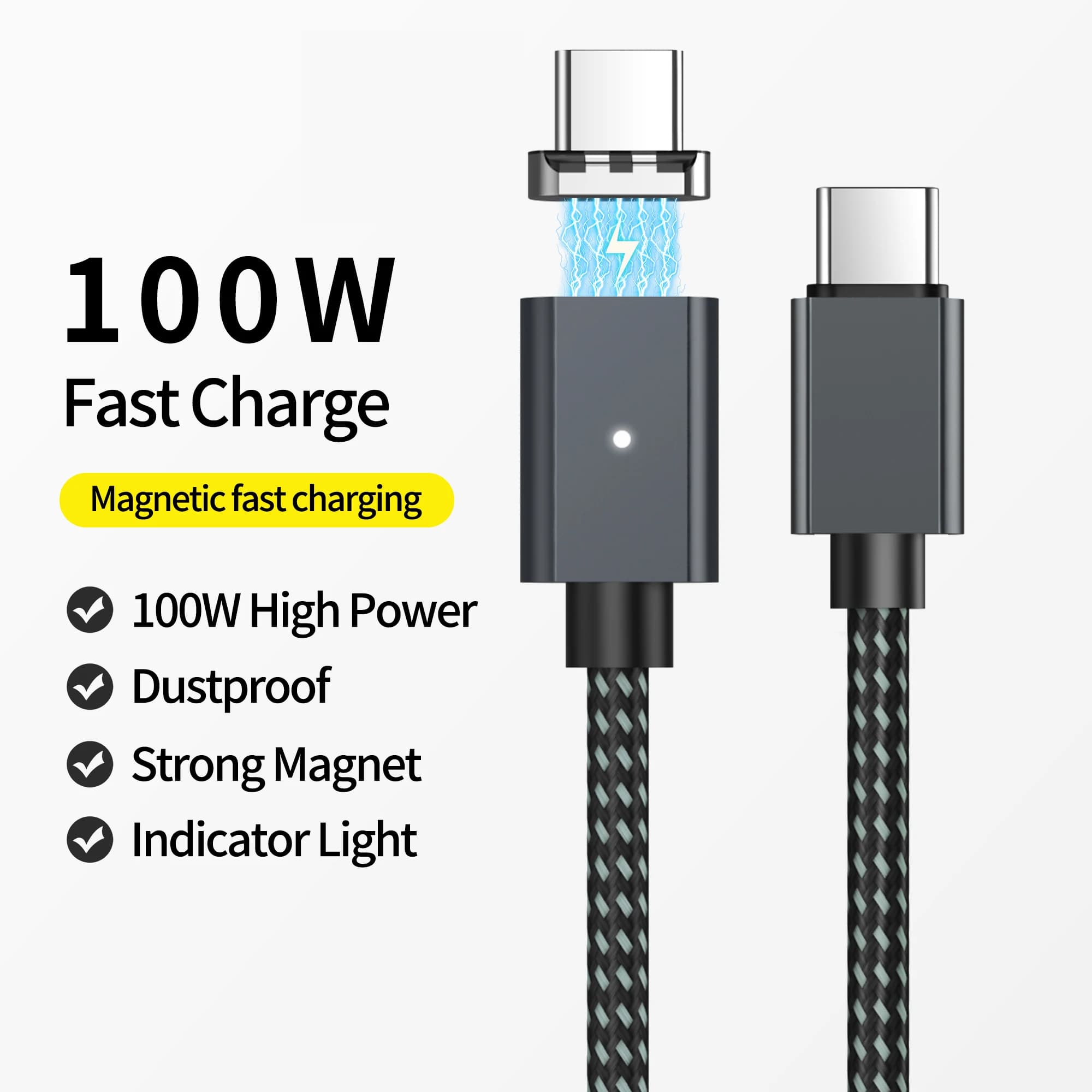 Cavo magnetico USB C a Type C da 1,5 m con ricarica rapida PD100w, cavo magnetico per la trasmissione dati e la ricarica per iPhone 15, Xiaomi, MacBook, Samsung, LG
