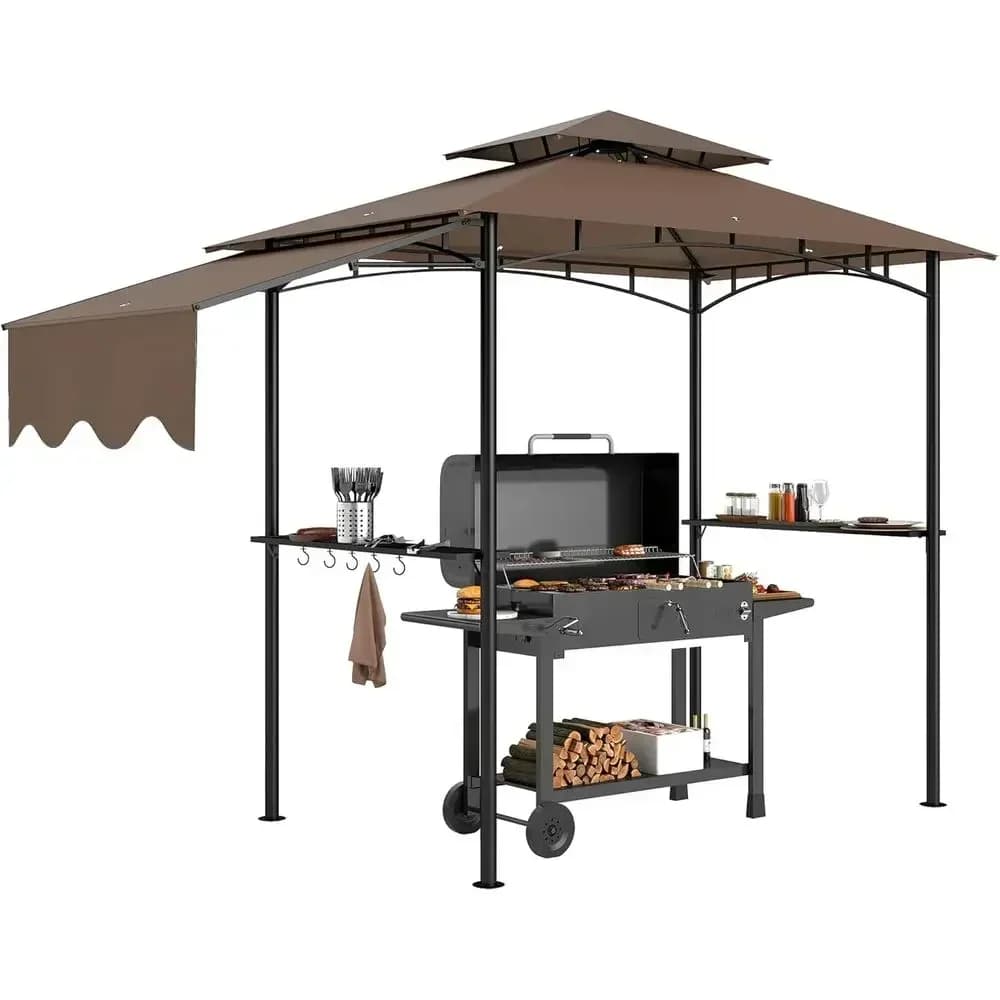 Double Tier Outdoor BBQ Gazebo with Side Awning, Shelves, and Hooks, Brown