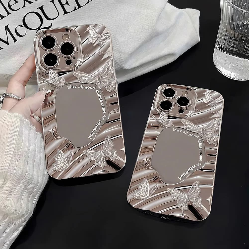 Silver Pattern Mirror Phone Case for Apple iPhone 17 16 15 14 13 12 11 Pro Max Air Cases Elegant Delicate Butterfly Style Fundas