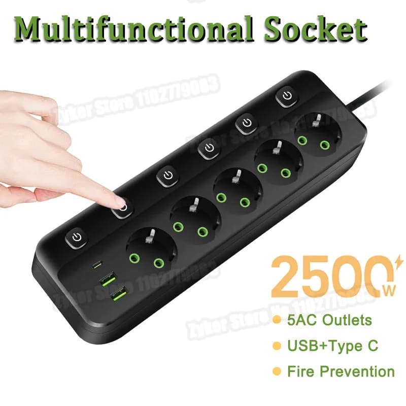 Presa elettrica con spina europea con prese CA 3/5 2 porte USB + 1 tipo C Adattatore presa 6/8 in 1 Ciabatta da 2 M per ufficio domestico