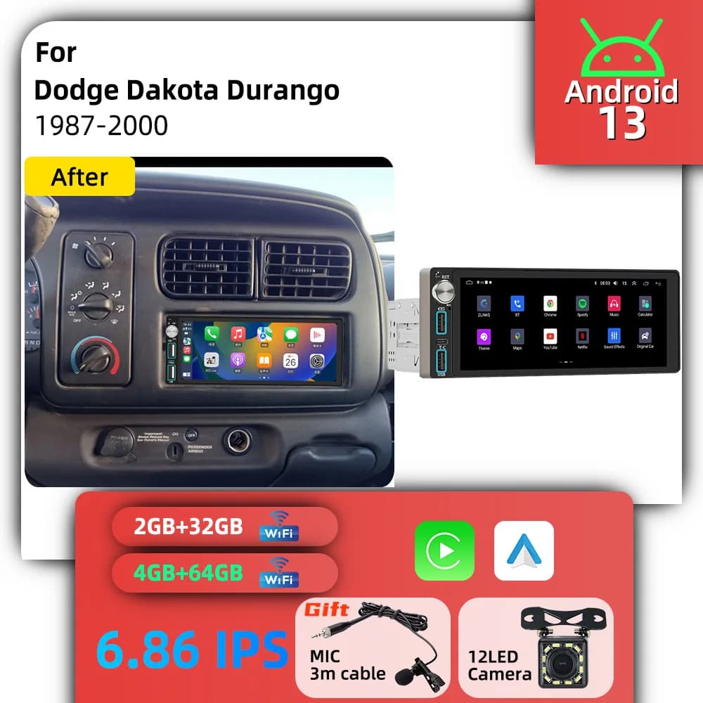 6.86" Stereo 1din Autoradio Android Car Radio for Dodge Dakota Durango 1987-2000 Head Unit Car Multimedia GPS Navigation Carplay