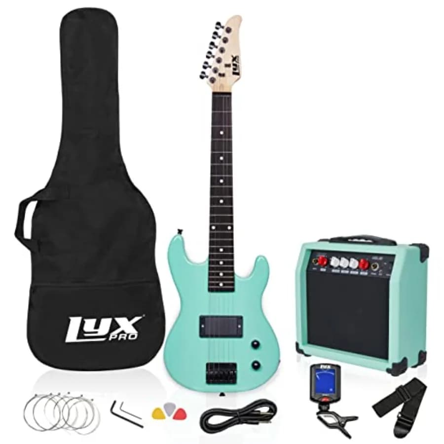 Kit Chitarra Elettrica da 30 Pollici per Principianti, Verde, Dimensione 3/4, con Amplificatore, 6 Corde, 2 Plettri, Tracolla e Clip Digitale