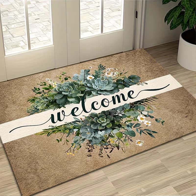 Tappeto d'ingresso di benvenuto beige e verde con design floreale botanico, piante grasse e scritta 'Welcome', per interni ed esterni