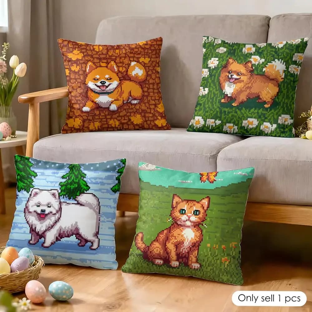 Fodera per cuscino Pixel Art a forma di cane, in morbido peluche corto, texture liscia e accogliente, estetica, per decorazioni domestiche