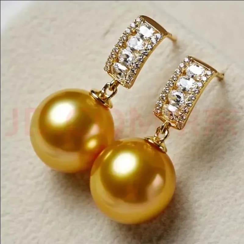 Coppia di orecchini pendenti con perle rotonde in oro genuino da 11-12 mm per le donne Accessori semplici per gioielli da festa di nozze Ciondola, perno con gancio
