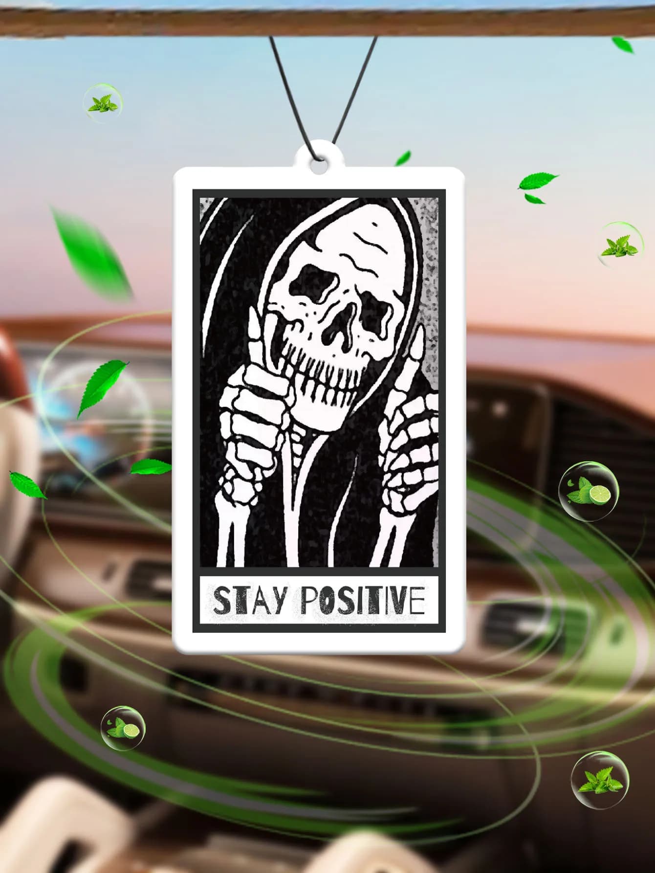 Targa Decorativa 'Stay Positive' con Teschio - Decorazione Divertente e Spaventosa per Goth Grunge Hilton (Profumo Hotel) Profumatore per Auto Neutro e Deodorante Non Tossico | Oli Essenziali Naturali e Pastiglie Profumate per Aromaterapia (Noroili/Grapefruit/Cedro) | Tipo a sospensione e