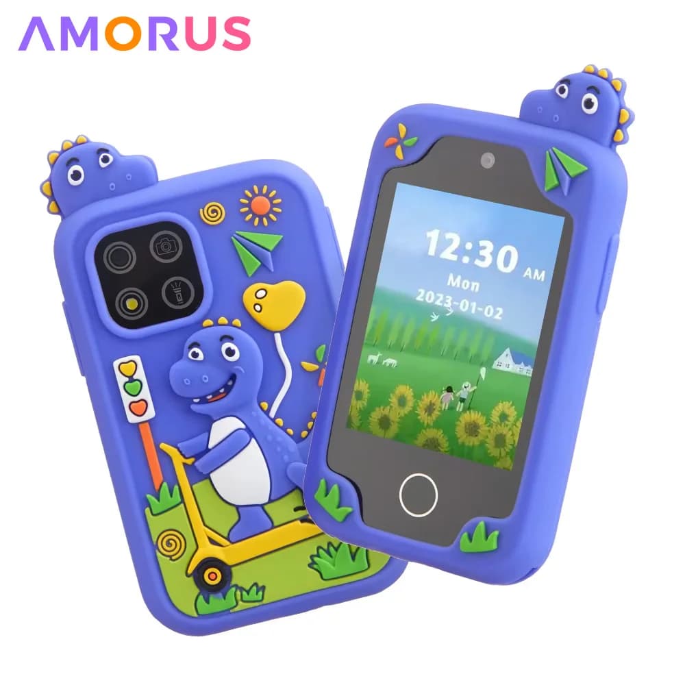 AMORUS Telefono musicale per bambini Doppia fotocamera Lettore Mp3 Funzione di gioco Cartoon Baby Mobile per ragazze Ragazzi Compleanno Regali di Natale