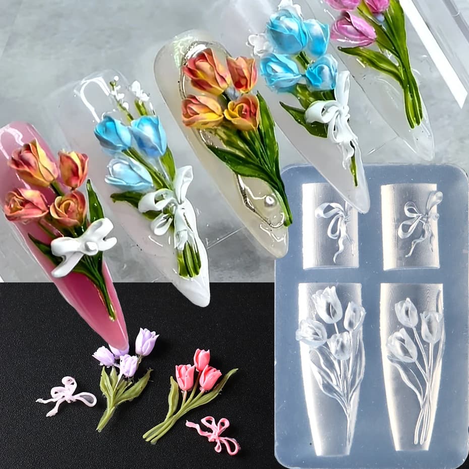 Nail Tulip Shape Silicone Mold, 3D Spring Flower in Relief, Gel Stencil, Nail Art Decorations, Manicure Tools