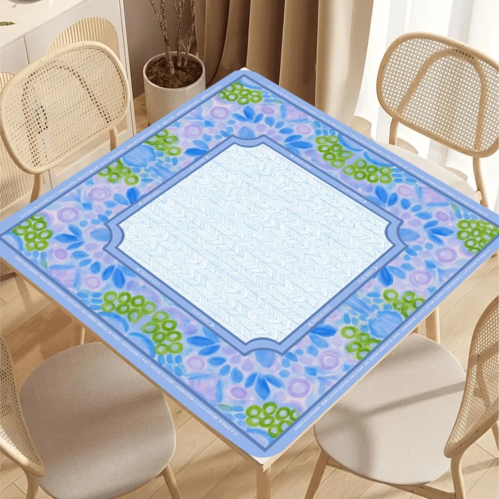 VIKAMA Blue Purple Floral Print Mahjong Pad Anti Noise Rubber Game Mat Multifunctional Poker Dining Protector Home Decor Cover