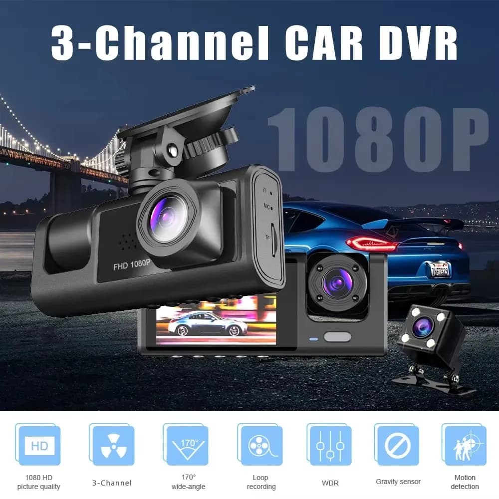 2 Inch HD 1080P Dashcam Front and Rear 3 Objective WiFi Dash Cam Car Camera with 32 GB TF Card