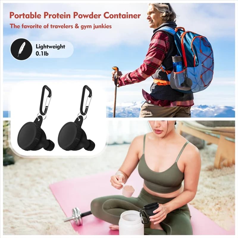 Set of travel containers for EYFL protein powder: 4 pack, portable with funnel, carabiner and reinforced caps included