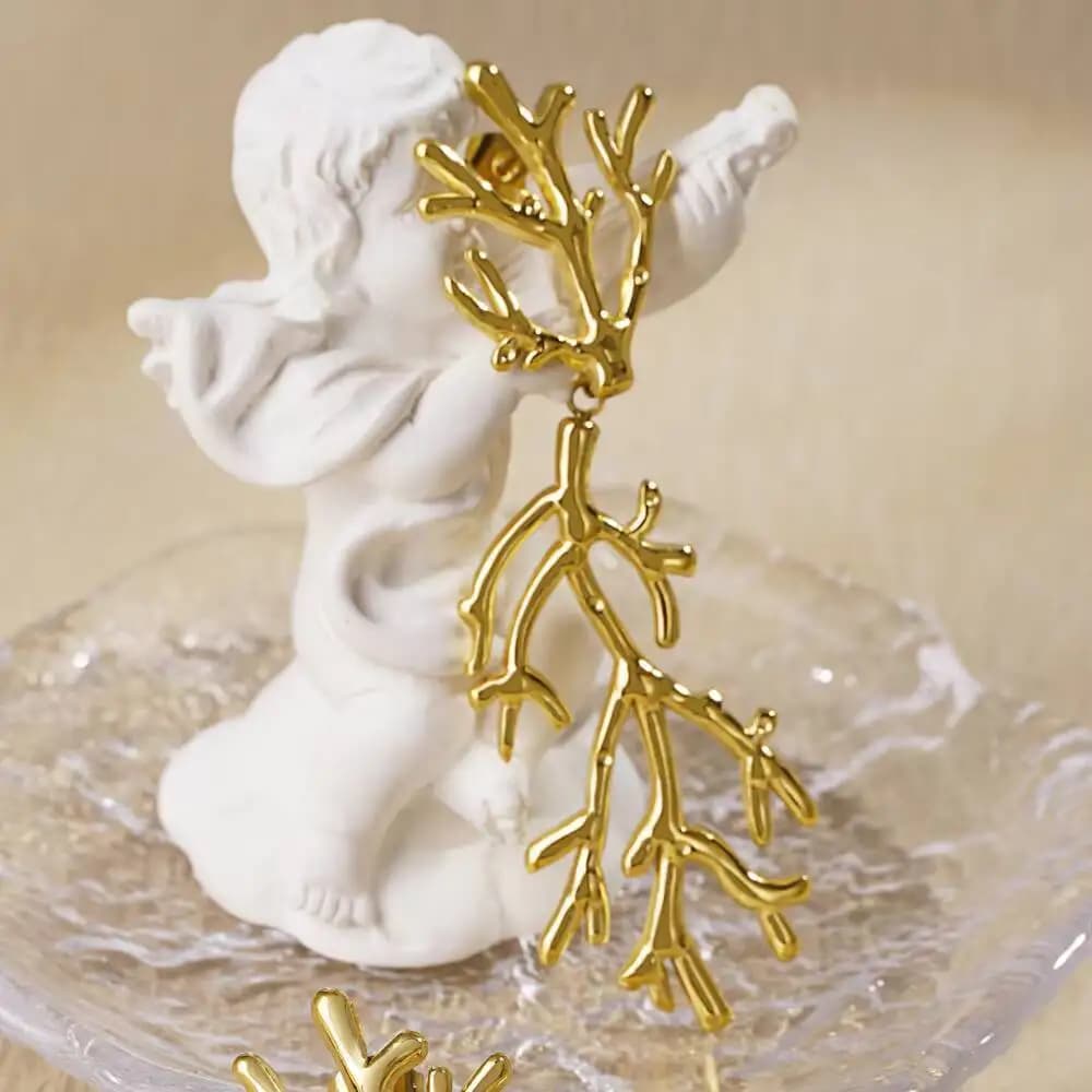 Regalo di gioielli con orecchini a bottone a forma di alghe marine di corallo delicato da donna alla moda in acciaio inossidabile