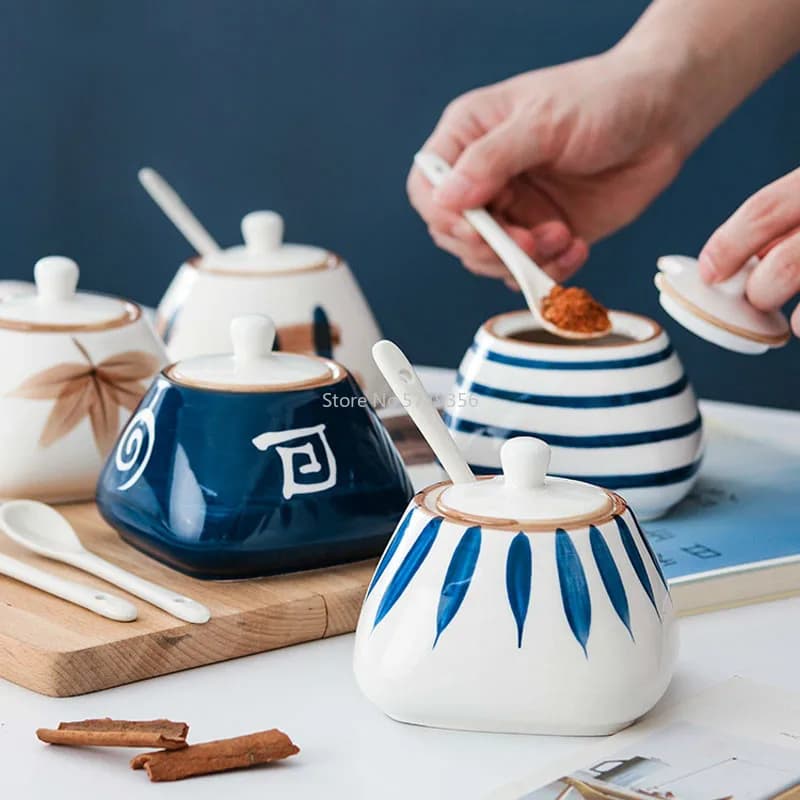 Set di Contenitori per Spezie in Ceramica Stile Giapponese, Saliera da Cucina, Scatola per Condimenti, Bottiglia per Zucchero e MSG