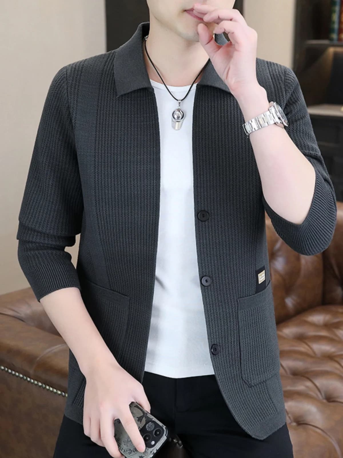 Cardigan in Maglia per Uomo Primavera-Autunno 2024, Stile Casual, Tinta Unita, Giacca Comoda a Maniche Lunghe, Business Casual