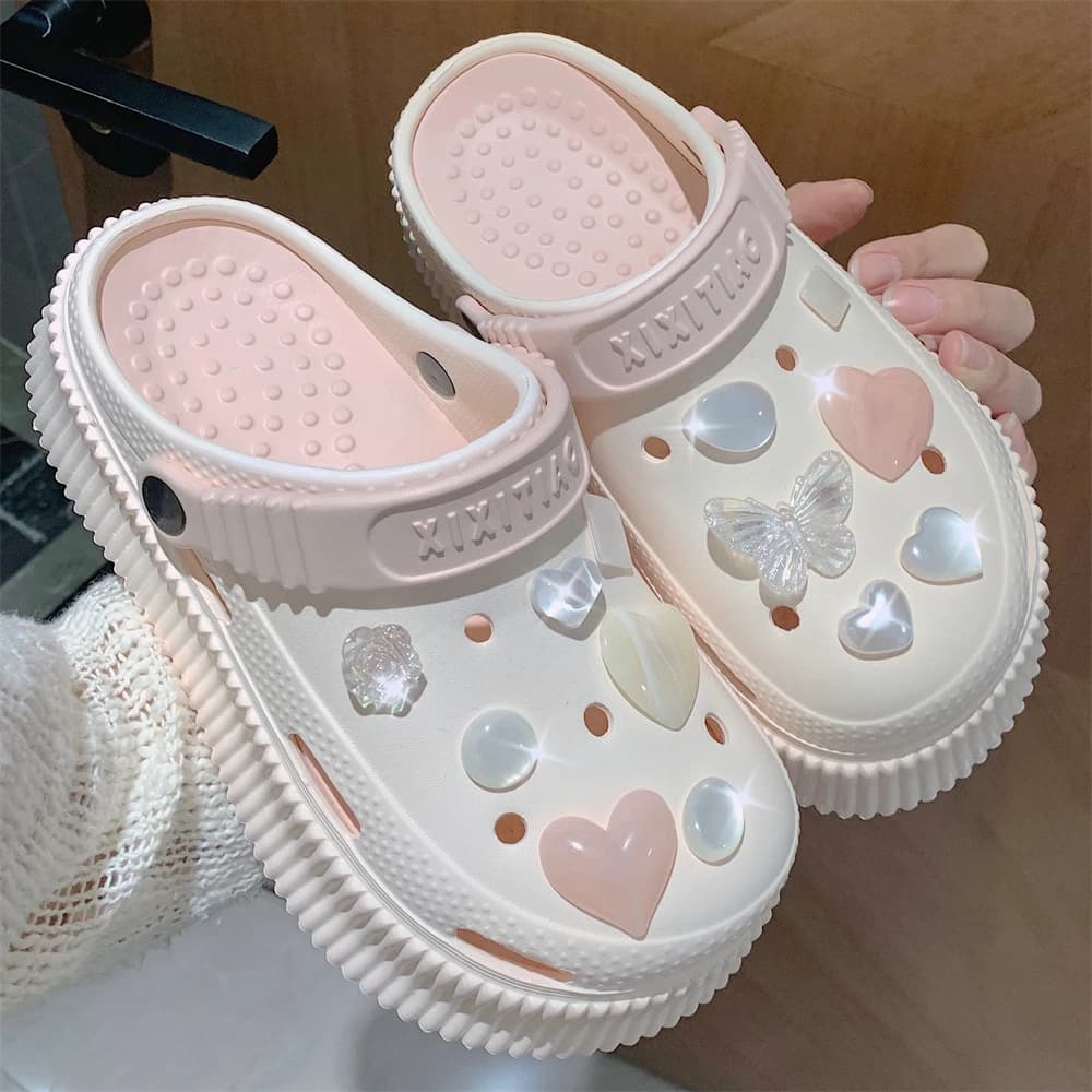 Fairy Tale Heart Shaped Rhinestone Sandals Women's Summer Vacation Anti-Slip Soft Thick Bottom Beach Thong Slippers