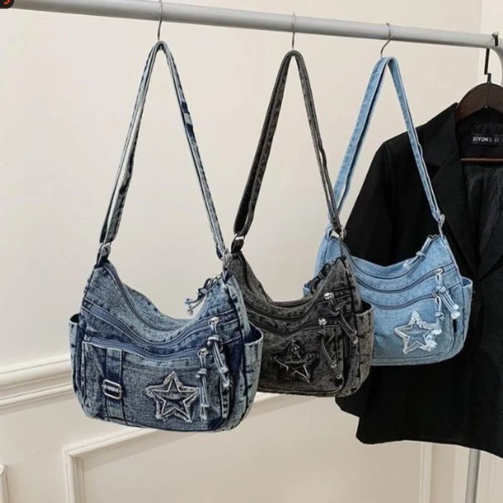 Versatile Durable Jean Shoulder Purse Adjustable Strap Large-Capacity Denim Casual Bag Multi-Pocket Travel Bag Daily Commuting