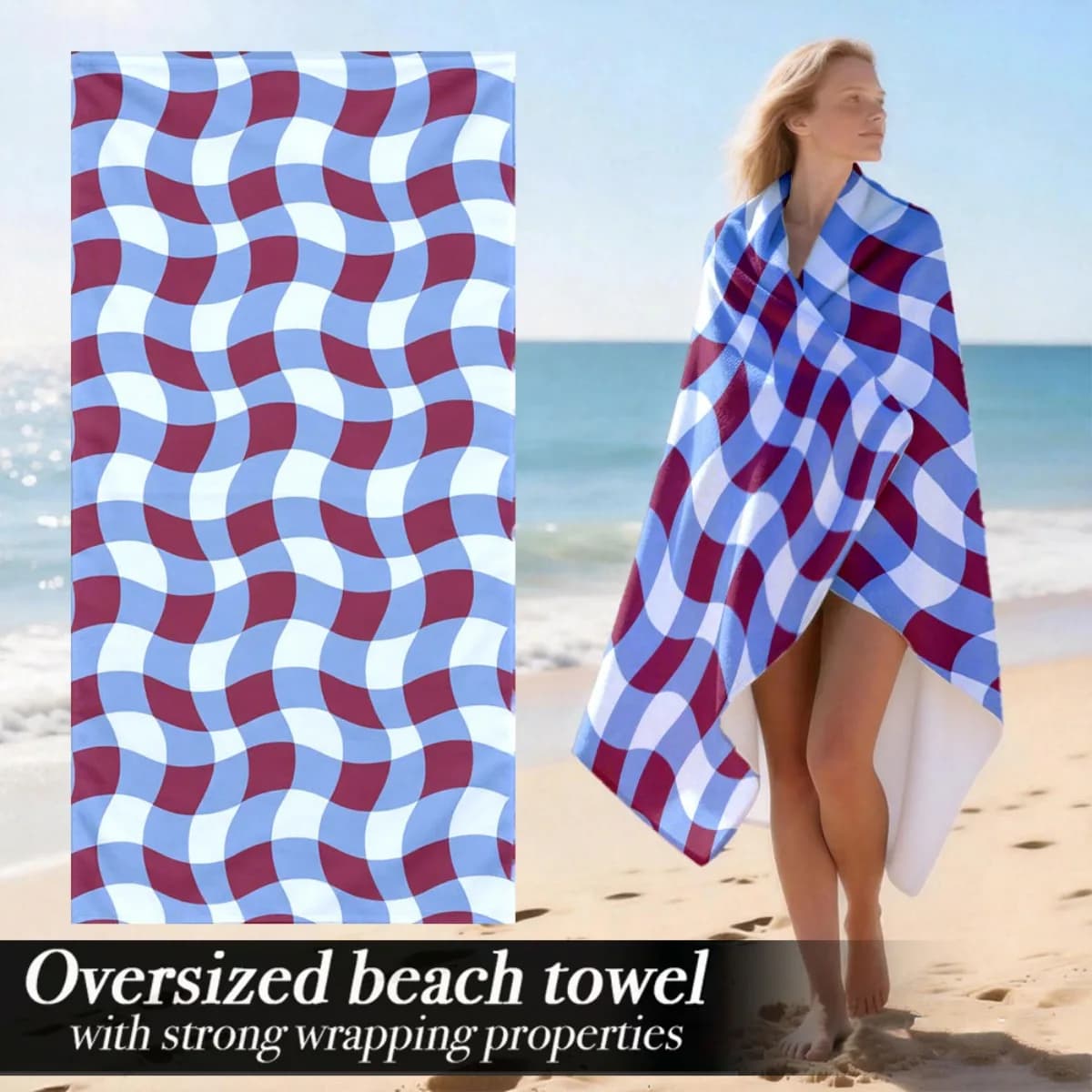 Telo mare oversize a quadri ondulati, con protezione solare e antivento, adatto per piscina, campeggio, viaggi, coperta.