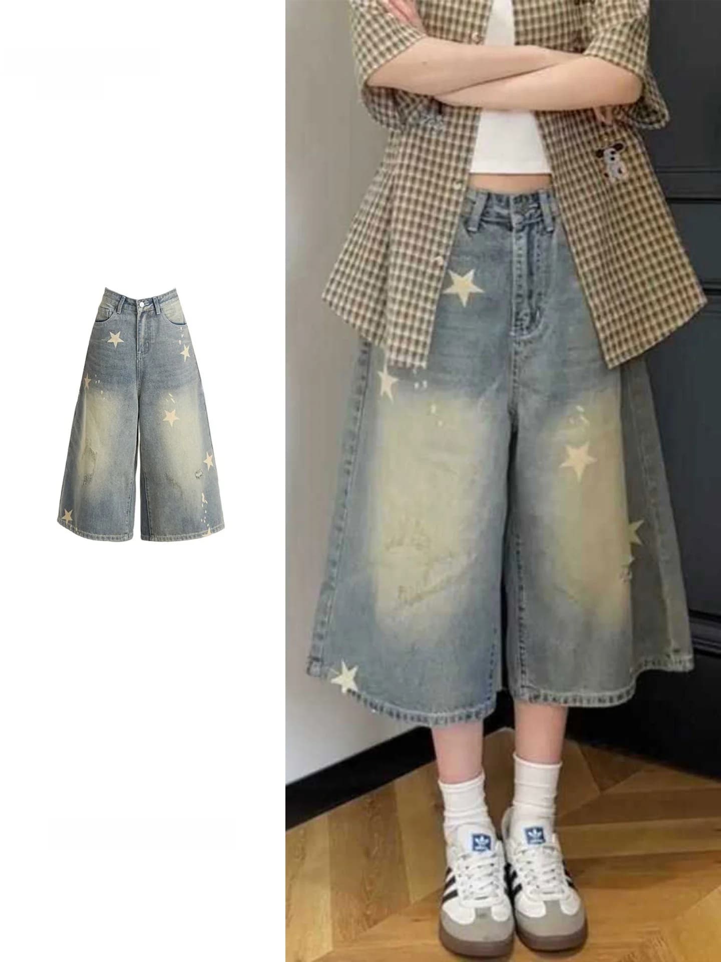 Retro American Star Print Denim Shorts Women's Summer Washed Loose Wide Leg Casual Seven-Foot Pants High Waist Zipper Closure