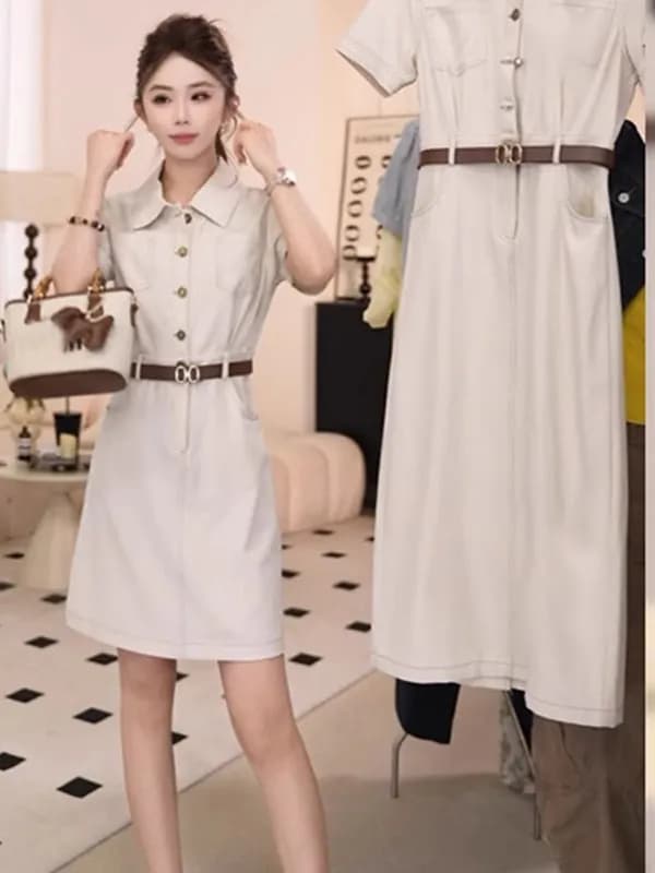 Abito Estivo 2026 da Donna Stile Commuter con Vita Sottile, Maniche Corte, Gonna a Pieghe, Tinta Unita, Linea ad A, Business Casual in Poliestere