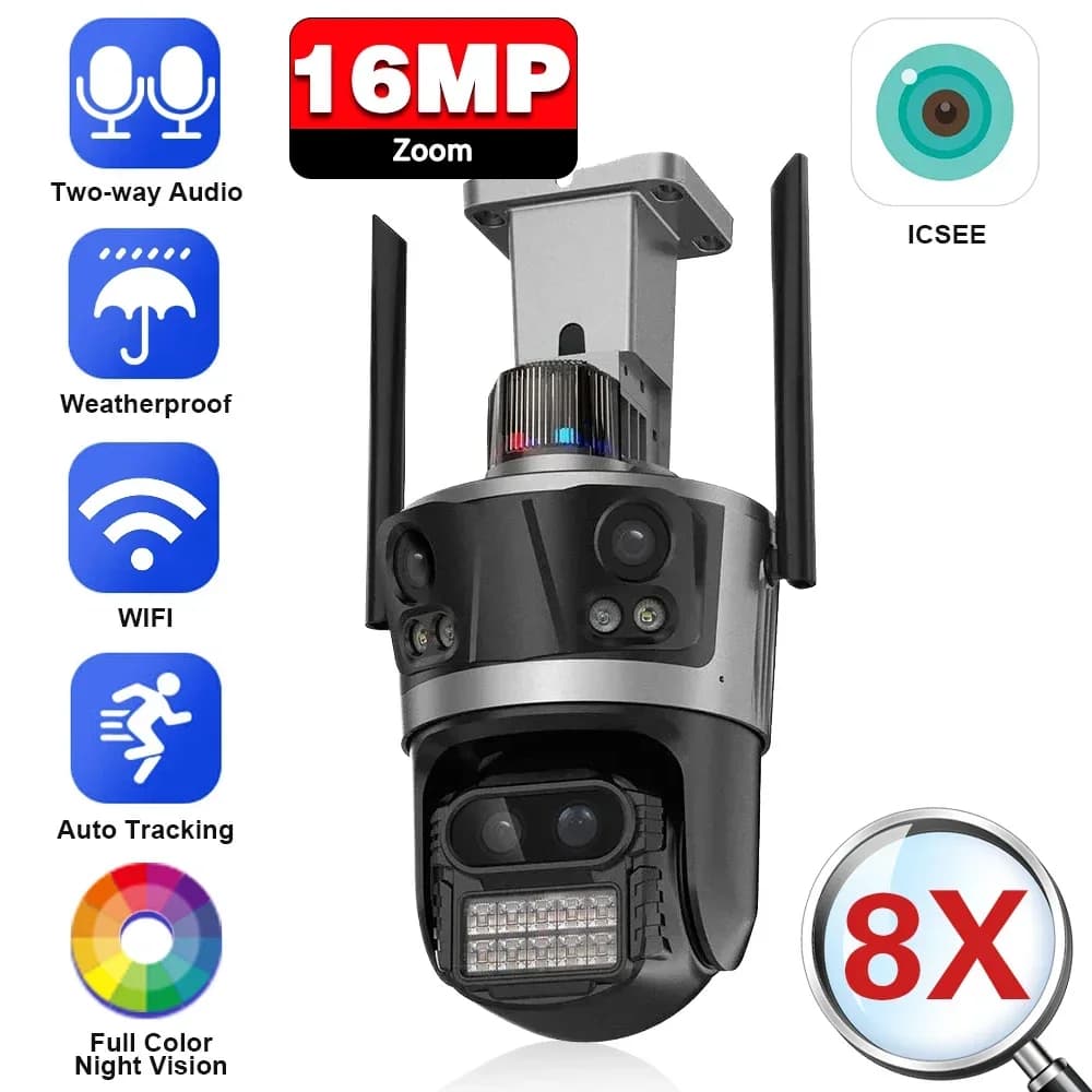 Telecamera IP WIFI a quattro obiettivi da 16MP Telecamera PTZ a tre schermi HD 4K Telecamera di sicurezza con tracciamento automatico Telecamera CCTV 4MP P2P Video sorveglianza ICSee