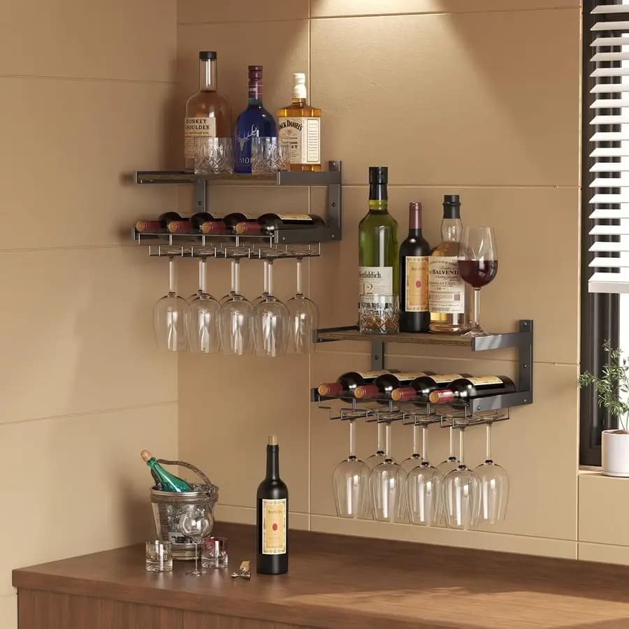 Portabottiglie da Parete con Gancio per Calici, Porta Bicchieri Industriale, Mensola per Bottiglie da Parete, Mensole Galleggianti con Supporto