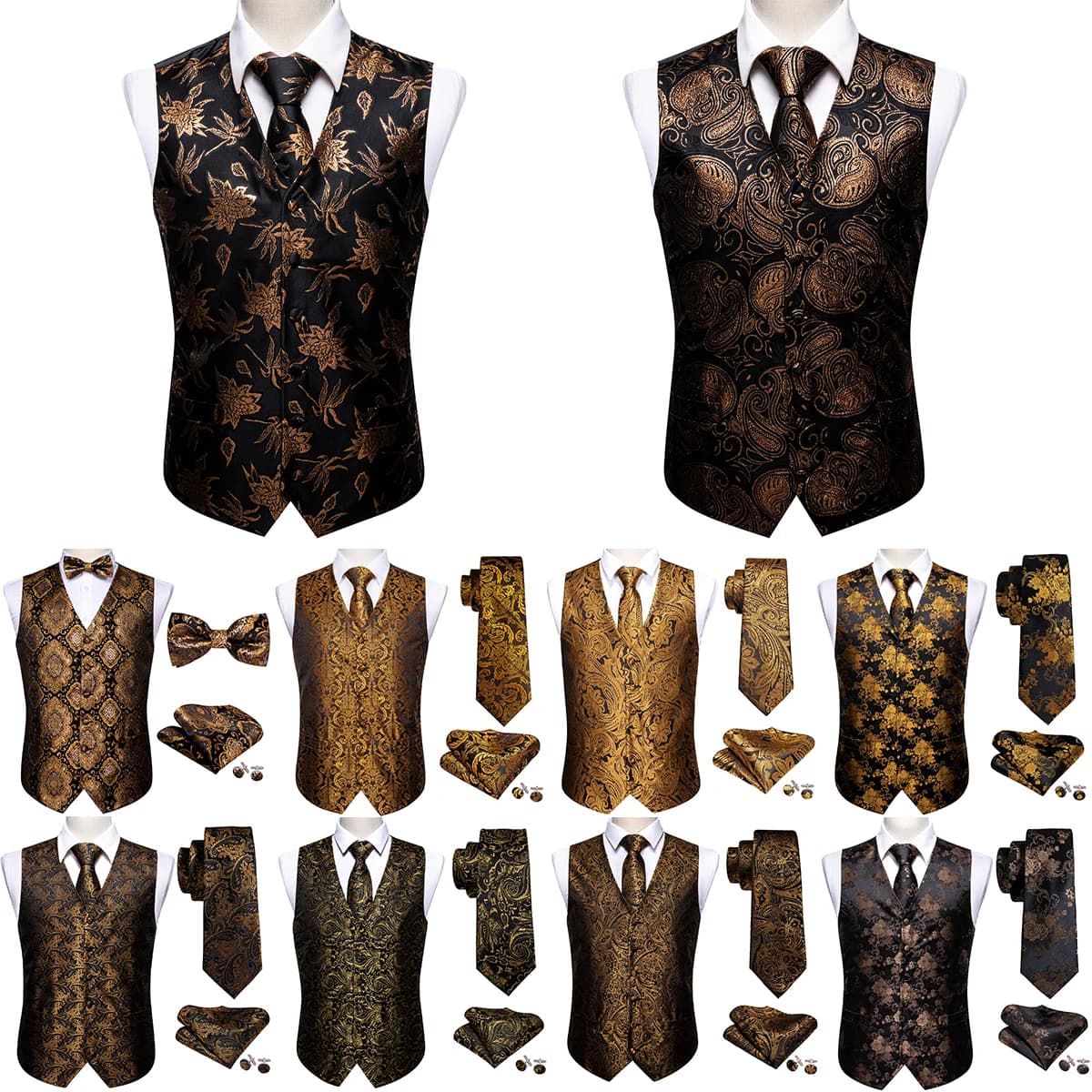 Gilet da uomo di lusso oro nero giallo fiore Paisley abito formale gilet ricamato cravatta Set giacca senza maniche Barry Wang