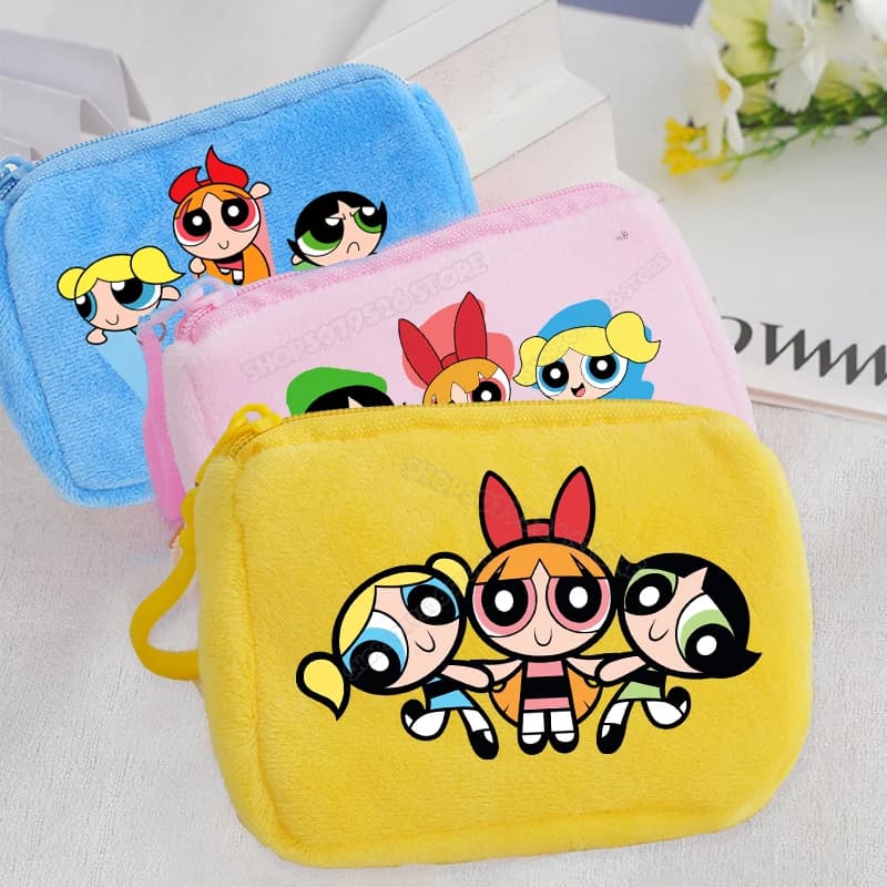 Portamonete Mini delle Powerpuff Girls, Bubbles Buttercup Blossom, Piccolo Portafoglio Kawaii con Cerniera e Portachiavi, Borsa per Bambini