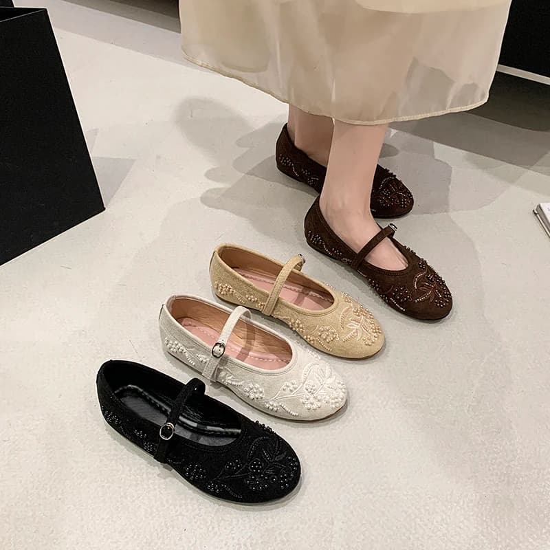 Low-cut Single Shoe for Women, 2026 New Summer Style, Flat Sole, Single Strap, Embroidered Pearl, Mary Jane Shoe